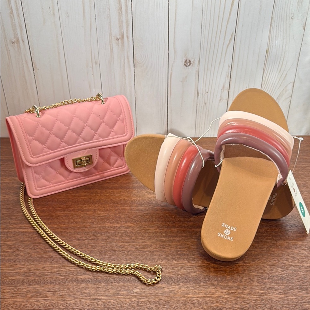 Summer Pink Pack: Shade & Shore Pink & Cream Sandals SZ 8 and Plastic Mini-Purse